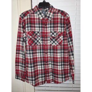 Eddie Bauer Mens Red/Black Plaid Field Flannel Button-Up Shirt L Cotton LS cabin